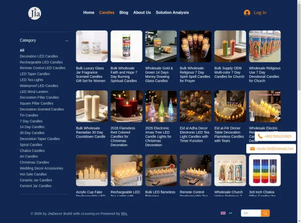 JiaDecor Candles catalogue page showing the product-category sidebar and product grid