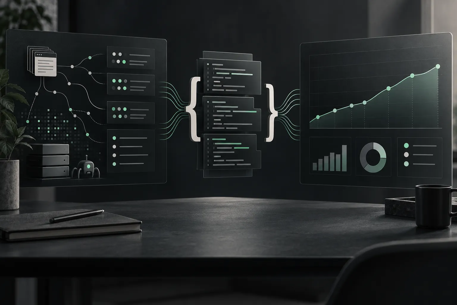 Editorial illustration connecting a technical SEO audit, code implementation and measured search results