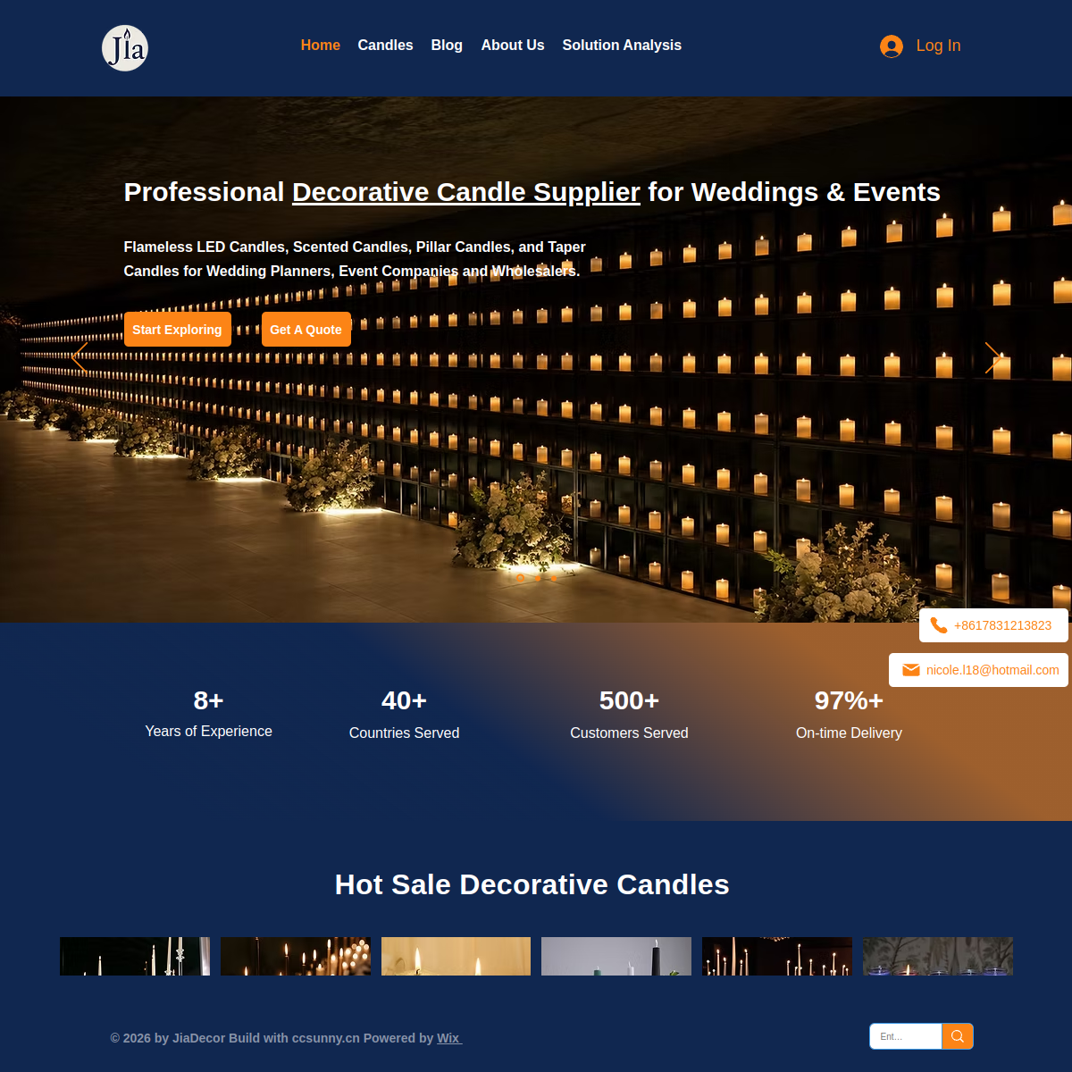 JiaDecor Candles homepage showing the candle-wall hero, product navigation and catalogue metrics